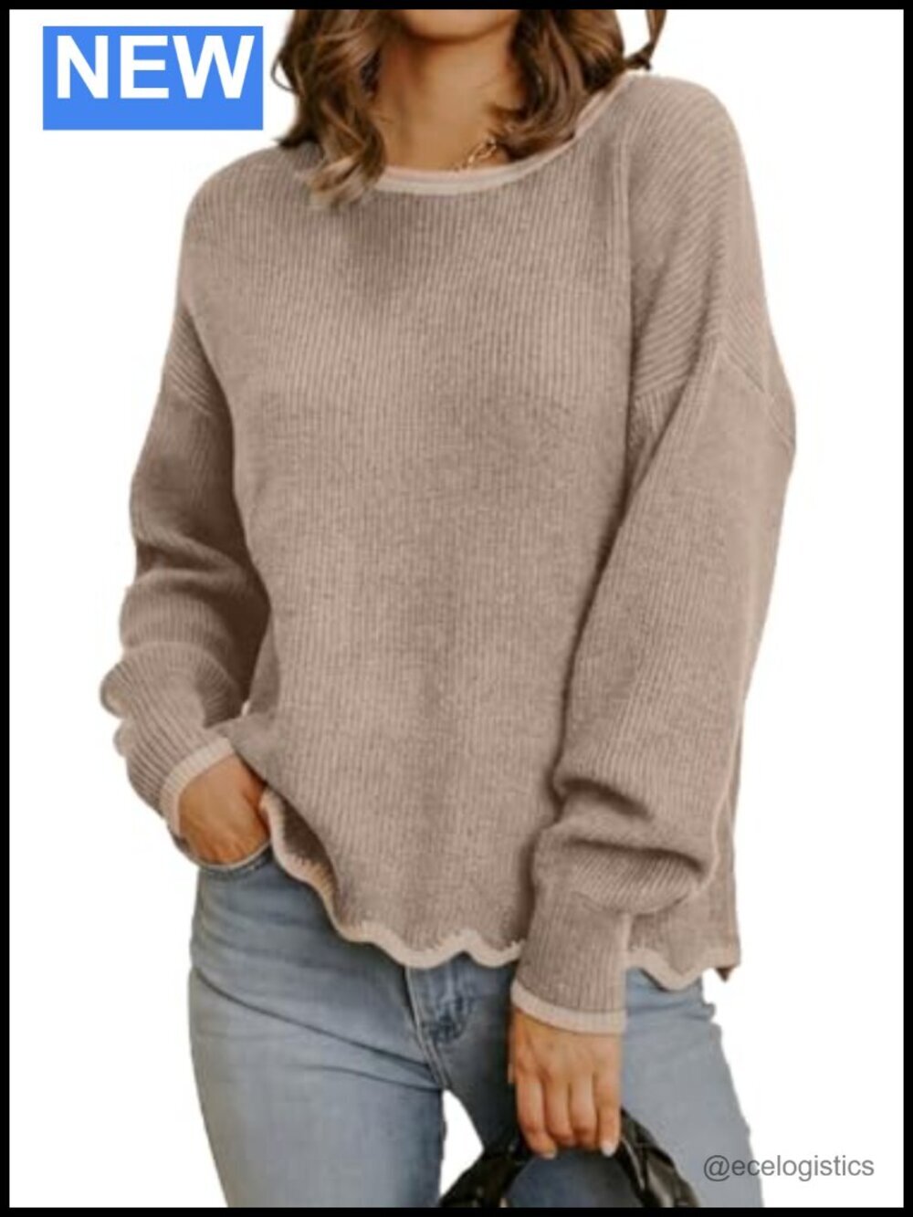 Womens Scalloped Hem Crewneck Pullover Sweater Dressy Casual Knit Long Sleeve